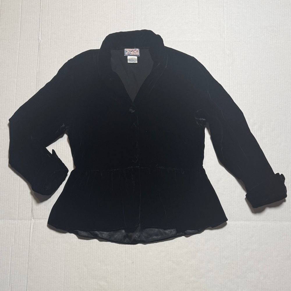 APRIL CORNELL Vintage Black Velvet Jacket Silk Rayon Whimsigoth Punk Peplum M‎